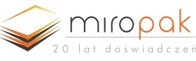 Logo firmy Miropak z symbolem stosu arkuszy w odcieniach pomarańczy i tekstem '20 lat doświadczeń'.
