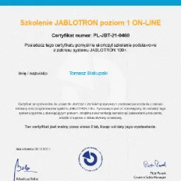 Certyfikat ukończenia szkolenia Jablotron poziom 1 ON-LINE przez Tomasza Biskupskiego, ważny przez 2 lata od 09.12.2021, z podpisami Arkadiusza Bołoza i Piotra Panka.