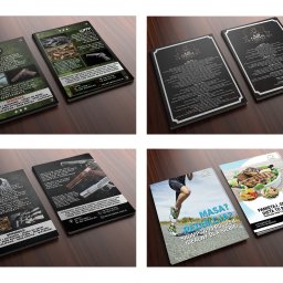 Digitalfire - Kolaż czterech ujęć ulotek i menu restauracyjnych na ciemnym drewnianym tle. Ulotki prezentują ofertę sklepu z bronią, menu drinków oraz propozycje dietetyczne.