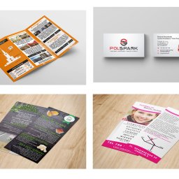 Digitalfire - Kolaż materiałów reklamowych: ulotka informacyjna o Pałacu Kultury, wizytówka firmy Polspark, ulotka sklepu Zielone Podwórko i ulotka gabinetu stomatologicznego Izabelin Dental Clinic.