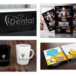 Digitalfire - Zestaw materiałów reklamowych: logo gabinetu dentystycznego na recepcji, plakaty wydarzenia Muay Thai, kubki z logo firmy ogrodniczej, ulotki salonu groomerskiego z mapą dojazdu.