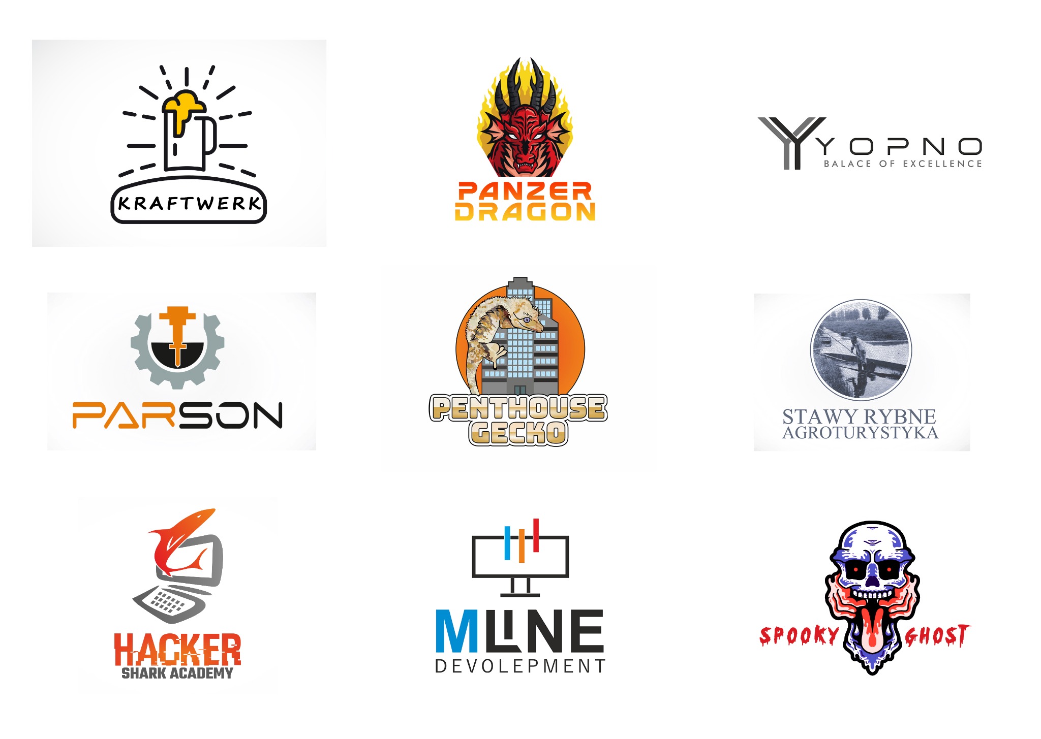 Zestaw dziewięciu różnych logotypów firmowych, prezentujących zróżnicowane style i tematyki, od minimalistycznych po bardziej złożone ilustracje.