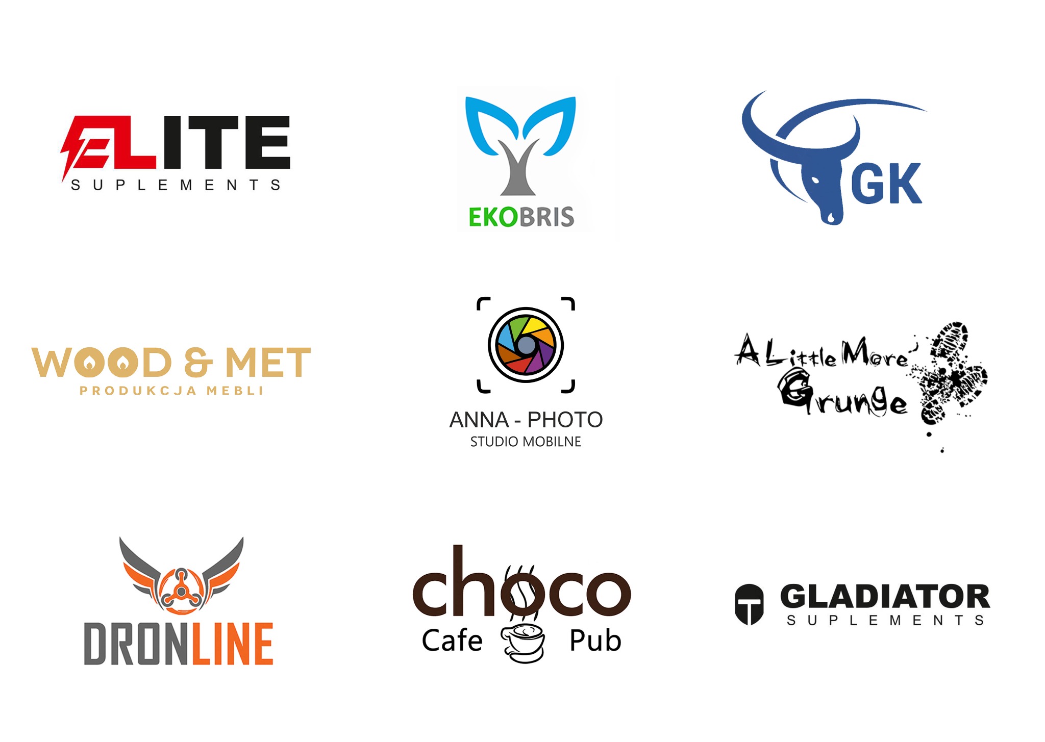 Kolekcja dziewięciu różnych logo firm i marek, prezentujących różnorodne style i branże, od suplementów diety po fotografię mobilną i produkcję mebli.