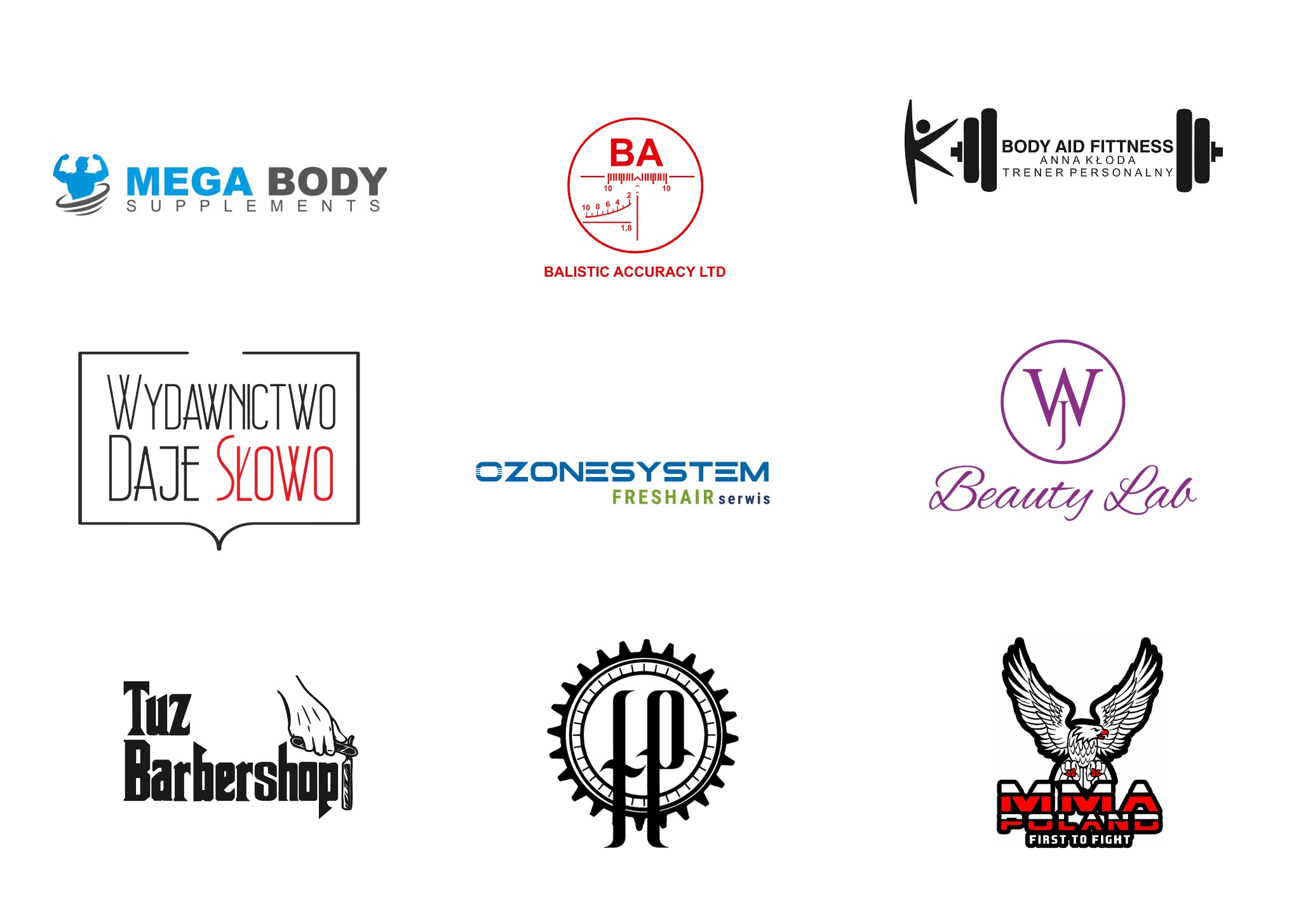 Zestaw różnorodnych, wektorowych logo firm z różnych branż, w tym suplementów, balistyki, fitness, wydawnictwa, fryzjerstwa, kosmetyki i MMA, prezentowanych na białym tle.