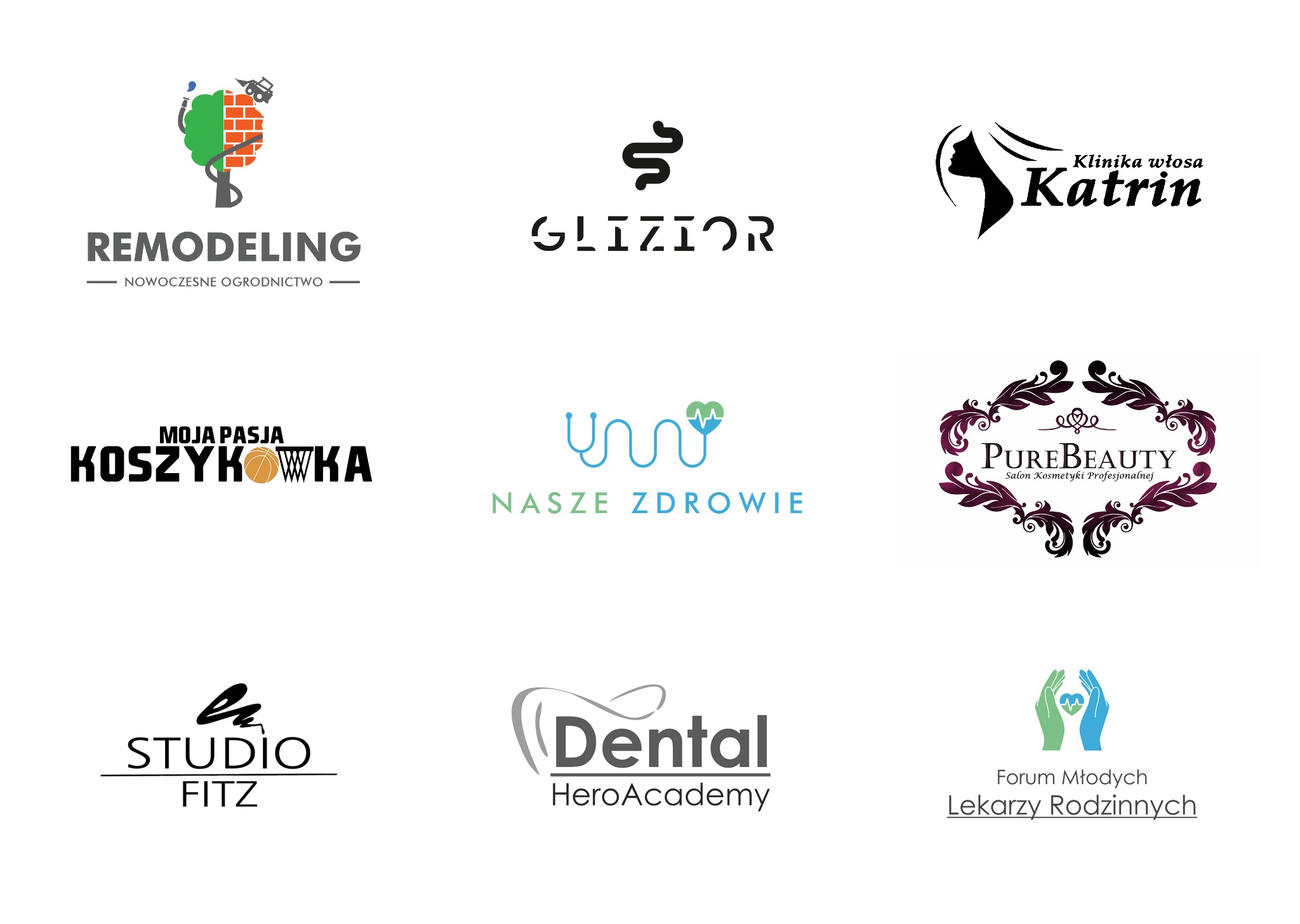 Zestaw różnorodnych logo firmowych: ogrodnictwo, klinika włosa, salon kosmetyczny, stomatologia, koszykówka, medycyna, studio fotograficzne, fundacja lekarzy rodzinnych, z różnymi stylami...