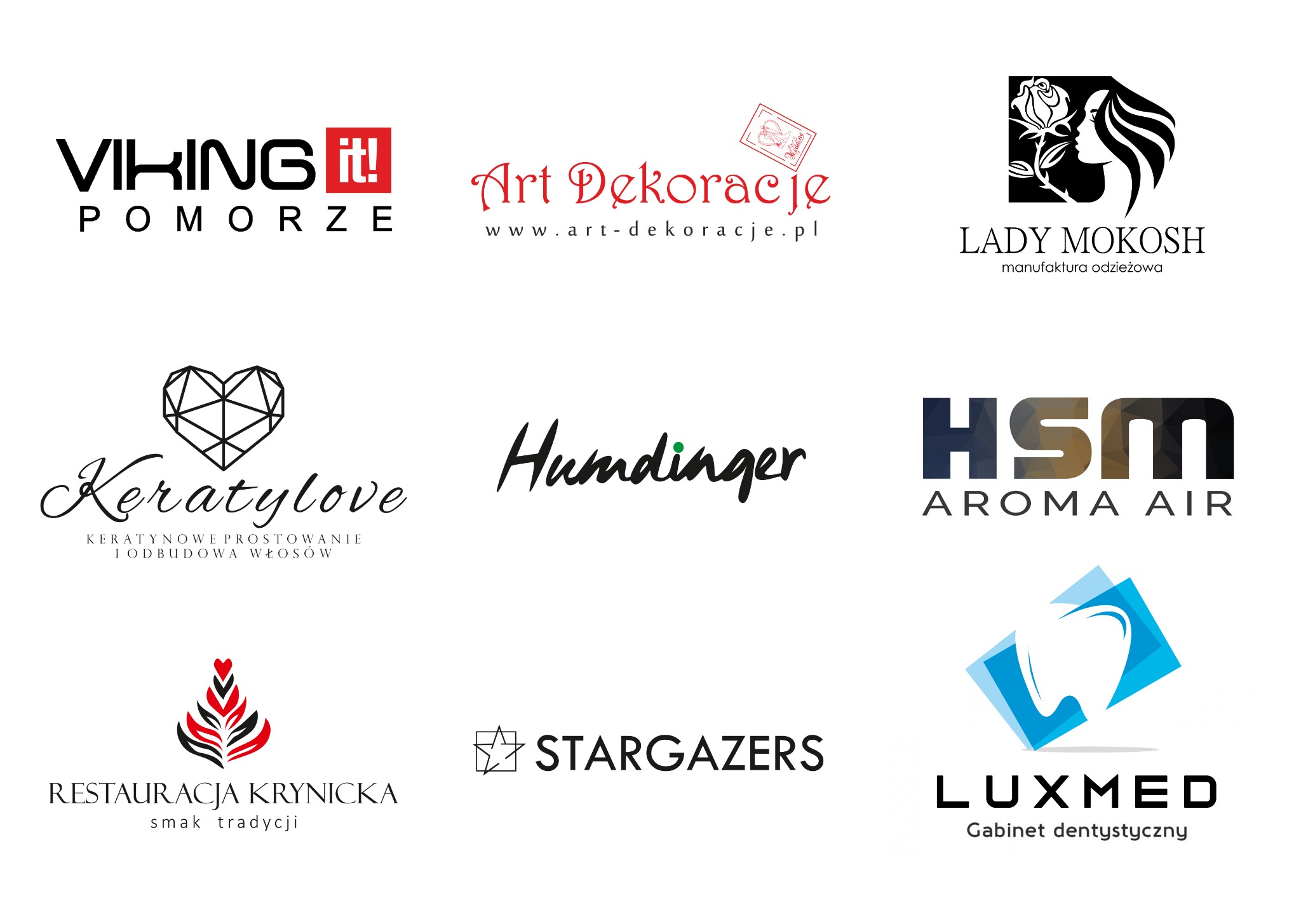 Kompilacja różnorodnych logo firm, prezentująca style od minimalistycznych po bardziej złożone, z akcentem na typografię i symbolikę.