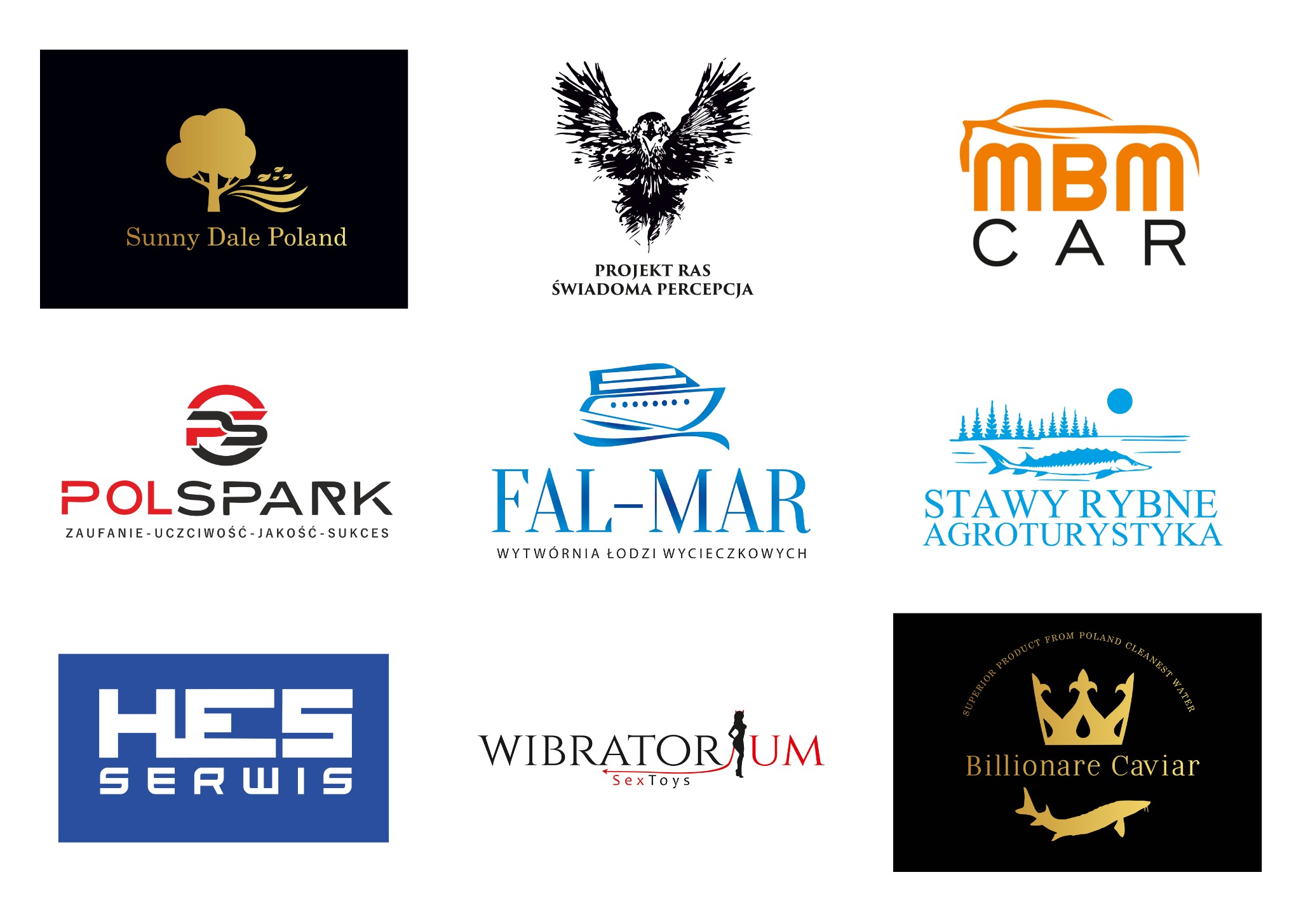Zestaw dziewięciu różnych logo firm, prezentujących różnorodną stylistykę i branże. Logo Sunny Dale Poland z złotym drzewem, logo Projekt RAS z sylwetką orła, logo MBM CAR z obrysem samochodu, logo...