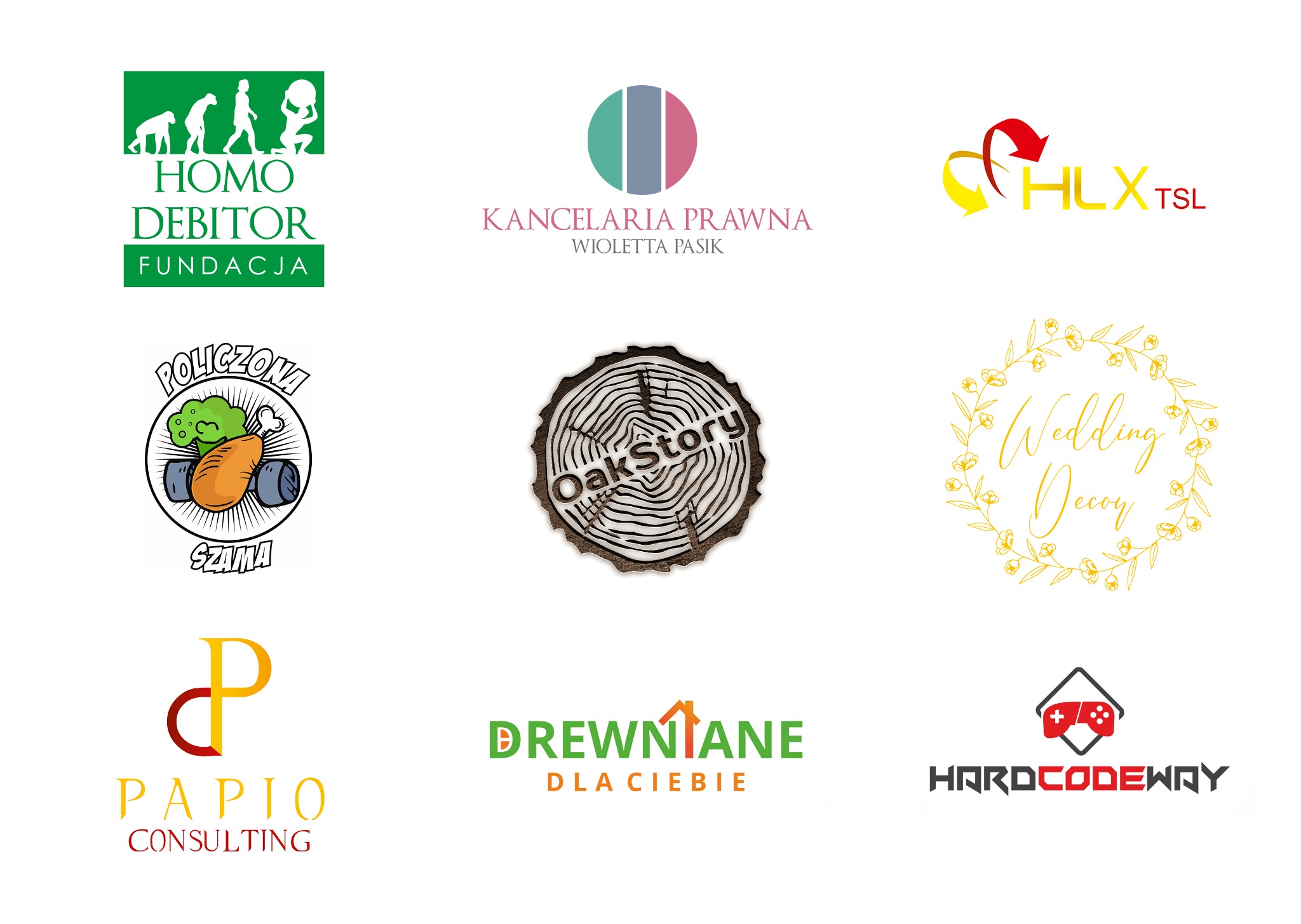 Kolekcja różnorodnych logo firmowych na białym tle, obejmująca projekty dla fundacji, kancelarii prawnej, firmy transportowej, cateringu, konsultingu, firmy produkującej artykuły z drewna i studia...