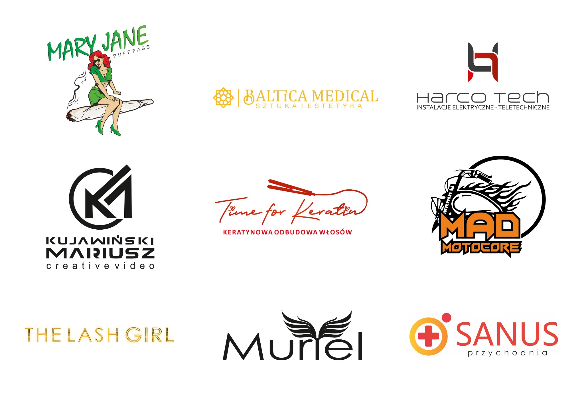 Zestaw różnorodnych logo firmowych: od medycyny estetycznej, przez instalacje elektryczne, po kreatywne wideo i odnowę włosów. Różne style i kolorystyka znaków firmowych na białym tle.