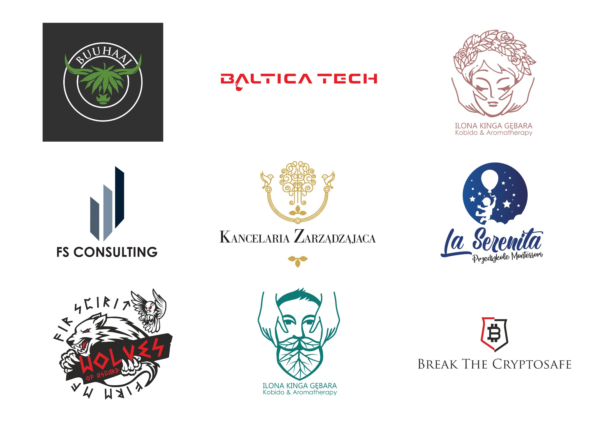 Zestaw dziewięciu różnych logotypów firmowych, od minimalistycznych po bardziej złożone, w różnej kolorystyce i stylistyce, prezentujących szeroki zakres branż i usług.
