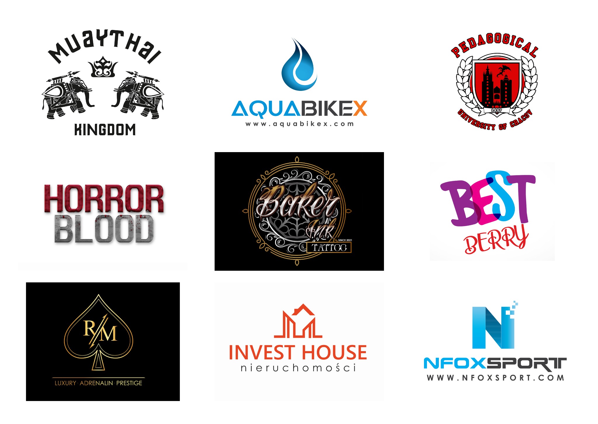 Zestaw różnorodnych logo firm z różnych branż, w tym Muay Thai, Aquabikex, Pedagogical University of Cracow, Horror Blood, Baker Ink Tattoo, Best Berry, RM Luxury, Invest House nieruchomości...