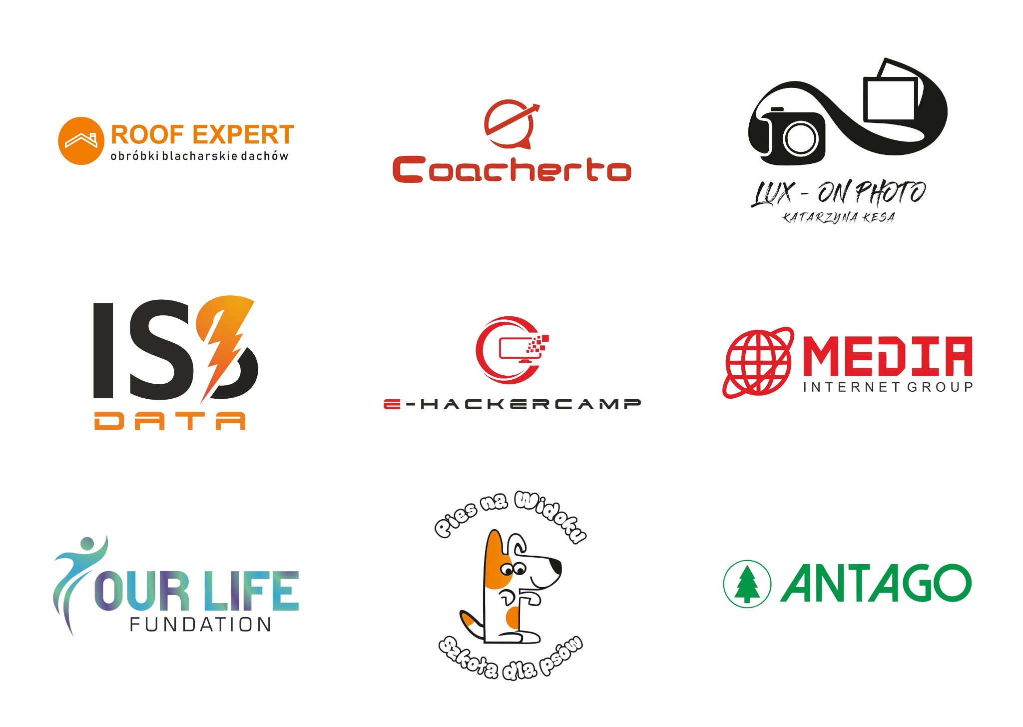 Kolekcja różnorodnych logo firmowych na białym tle, prezentująca różne style i branże, od budowlanej po fotograficzną i edukacyjną.