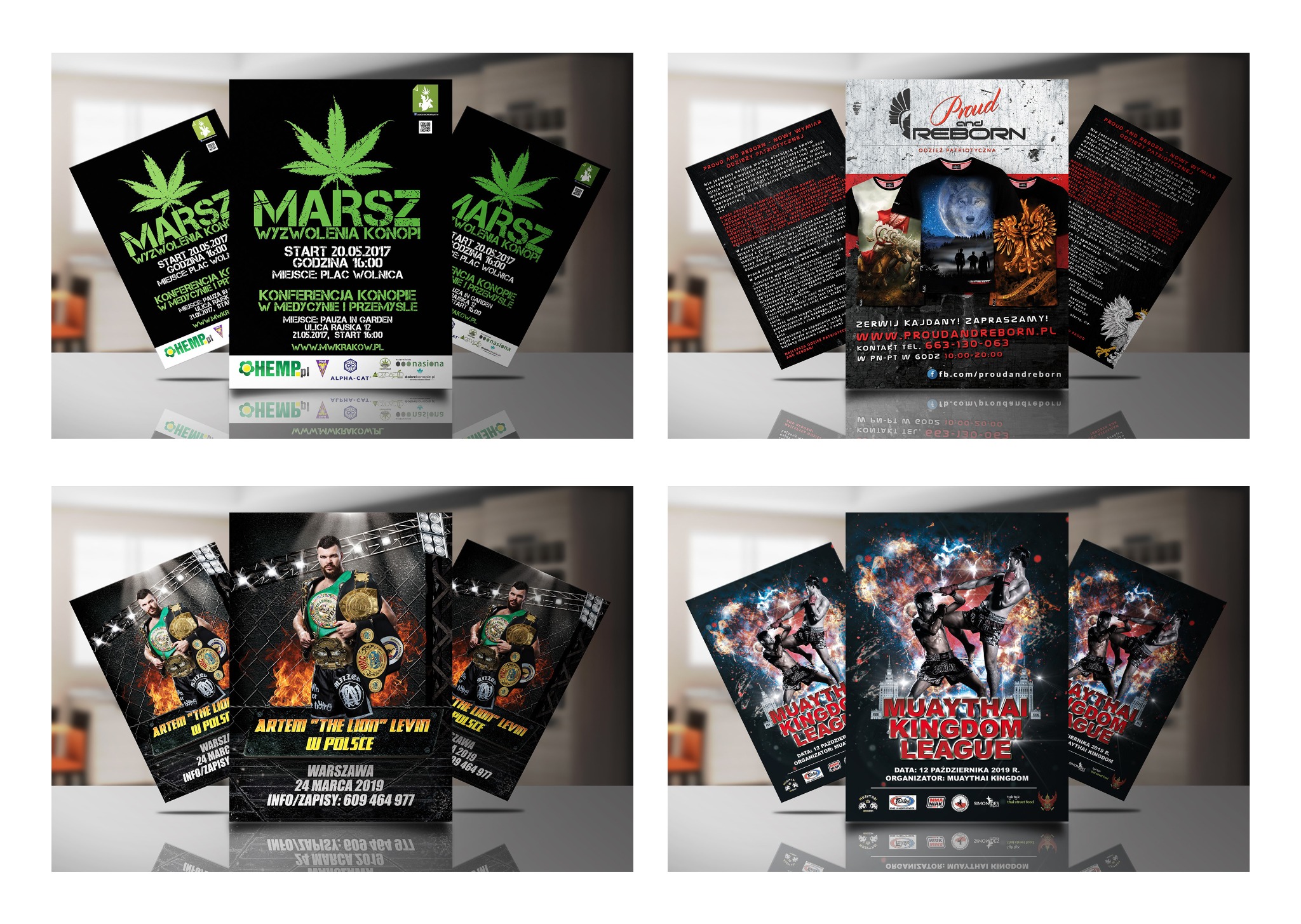 Kolaż plakatów reklamowych o różnej tematyce: marsz konopny, odzież patriotyczna, gale sportów walki, każdy z wyraźnym designem i informacjami o wydarzeniach.