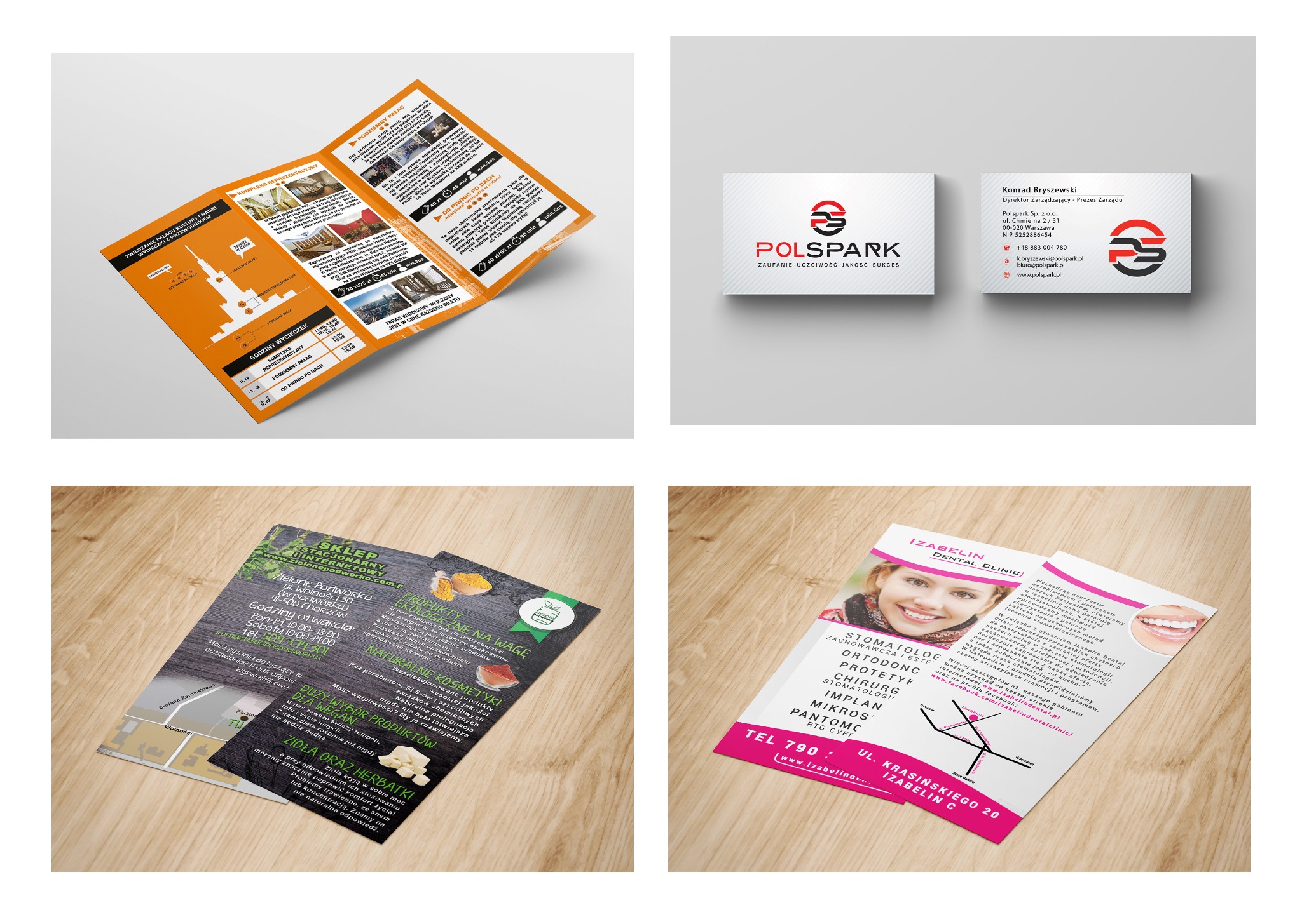 Kolaż materiałów reklamowych: ulotka informacyjna o Pałacu Kultury, wizytówka firmy Polspark, ulotka sklepu Zielone Podwórko i ulotka gabinetu stomatologicznego Izabelin Dental Clinic.