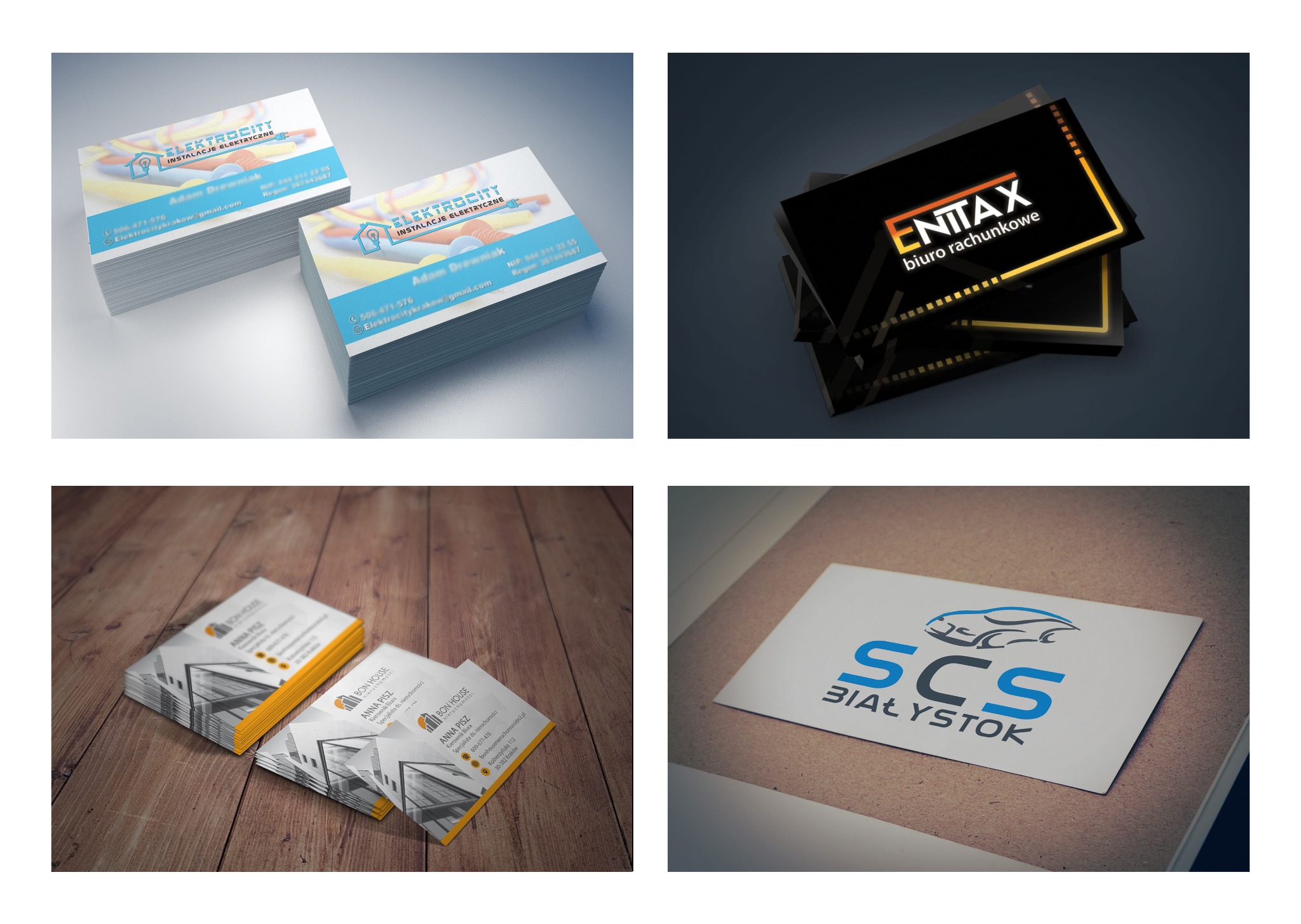Cztery różne projekty wizytówek firmowych: instalacje elektryczne, biuro rachunkowe, agencja nieruchomości, usługi motoryzacyjne, prezentowane w stosach na różnych tłach.