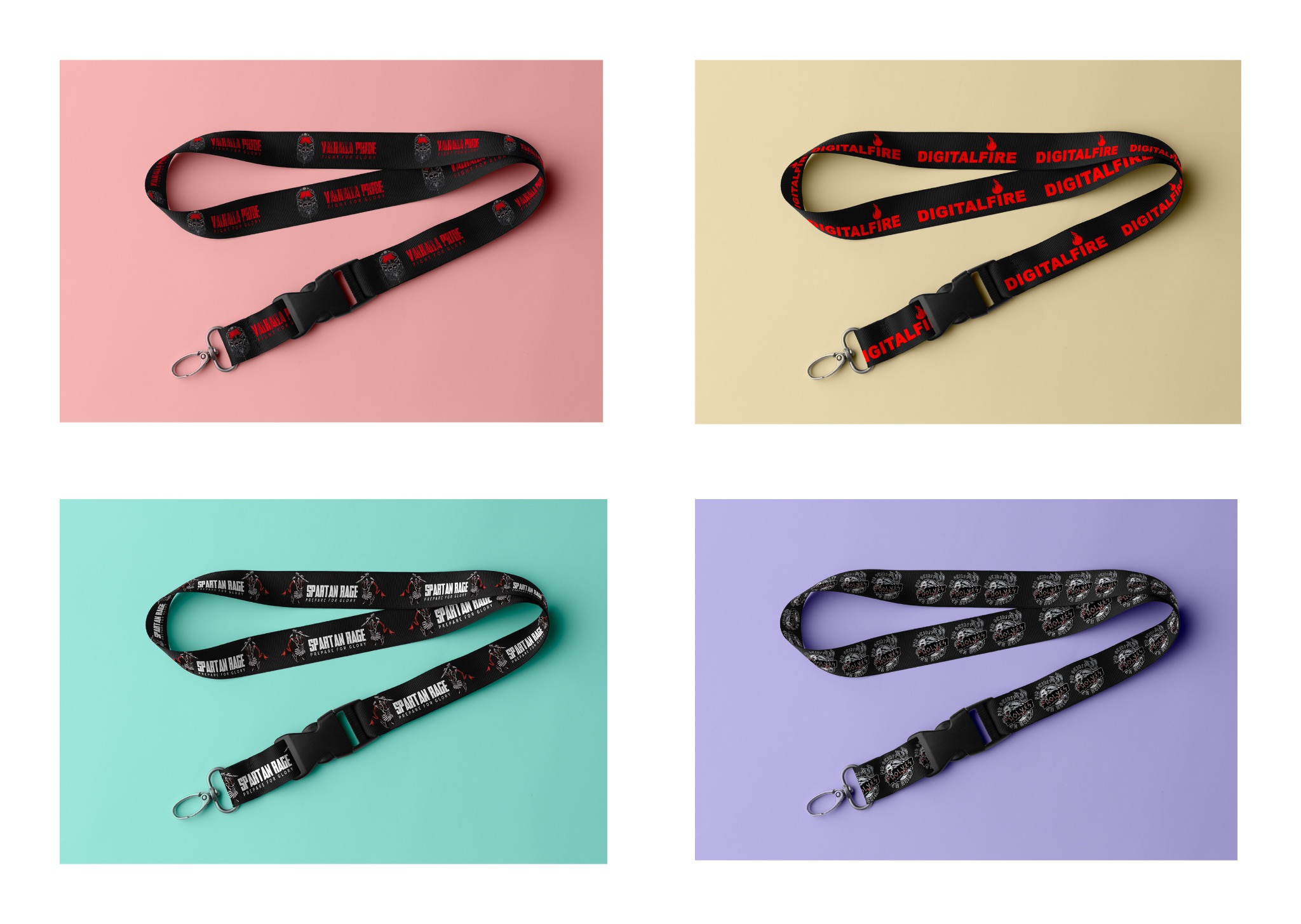 Kolekcja czterech smyczy z różnymi wzorami logo i napisami, zaprezentowana na kolorowych tłach. Produkcja gadżetów reklamowych w Warszawie.