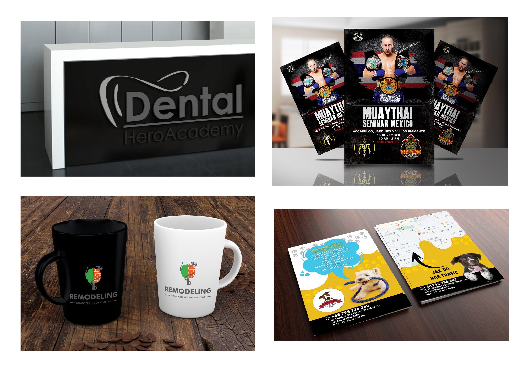 Zestaw materiałów reklamowych: logo gabinetu dentystycznego na recepcji, plakaty wydarzenia Muay Thai, kubki z logo firmy ogrodniczej, ulotki salonu groomerskiego z mapą dojazdu.