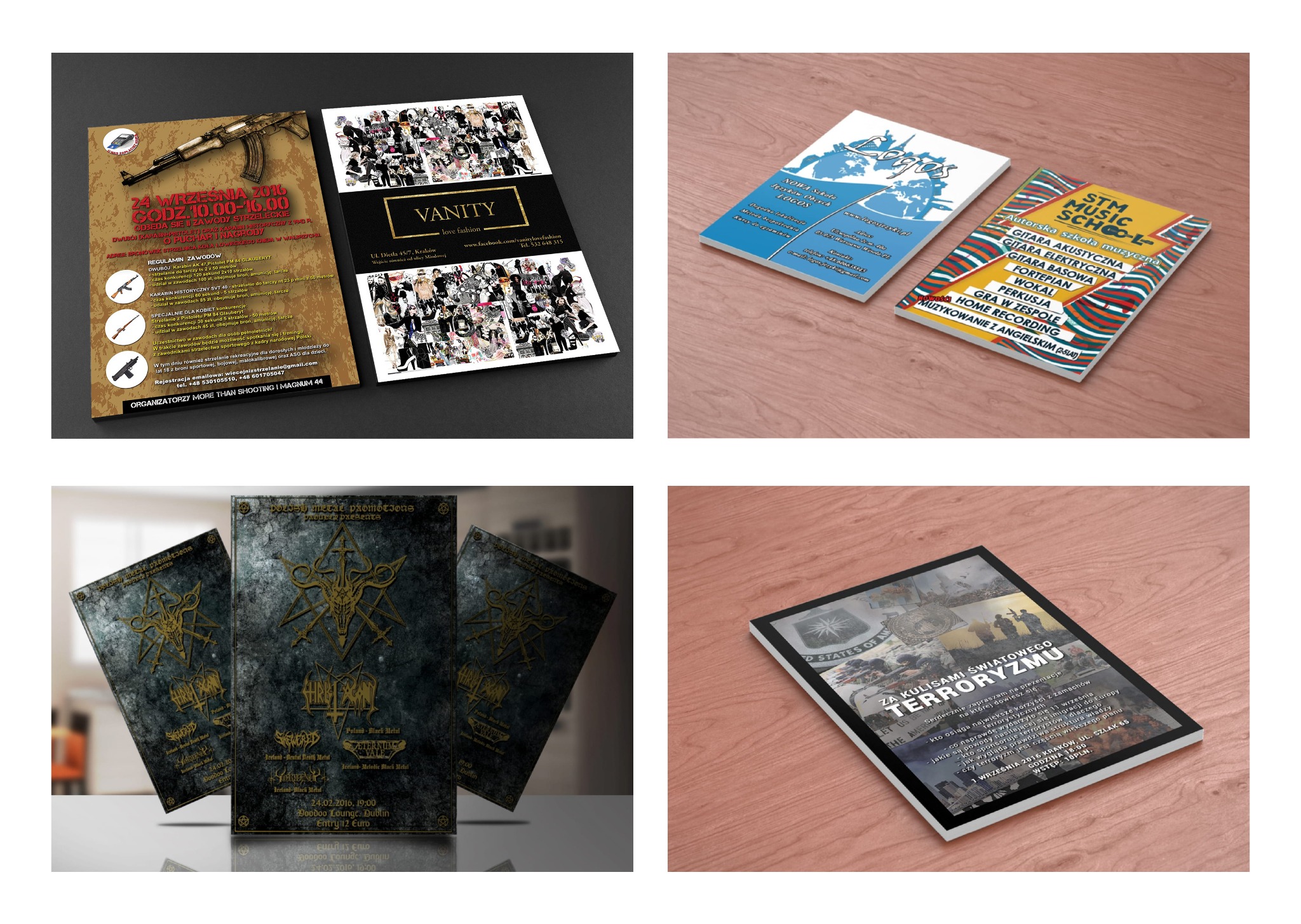 Zestawienie ulotek i plakatów reklamowych o różnej tematyce: zawody strzeleckie, moda, metalowe koncerty, szkoła językowa, szkoła muzyczna i prezentacja o terroryzmie.
