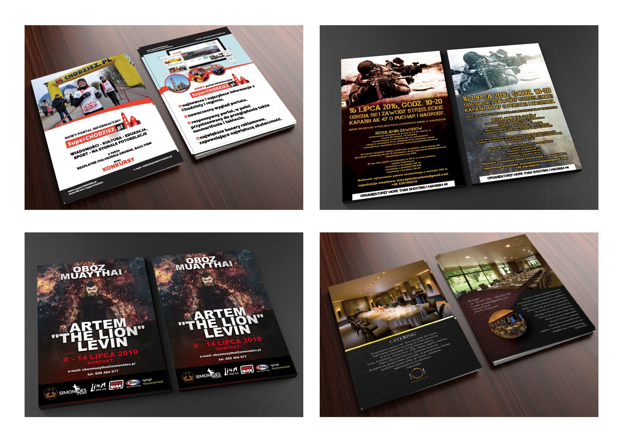 Zestaw ulotek i plakatów reklamowych leżących na ciemnym drewnianym blacie, prezentujących różnorodne usługi i wydarzenia, w tym zawody strzeleckie, obóz Muay Thai i usługi cateringowe.