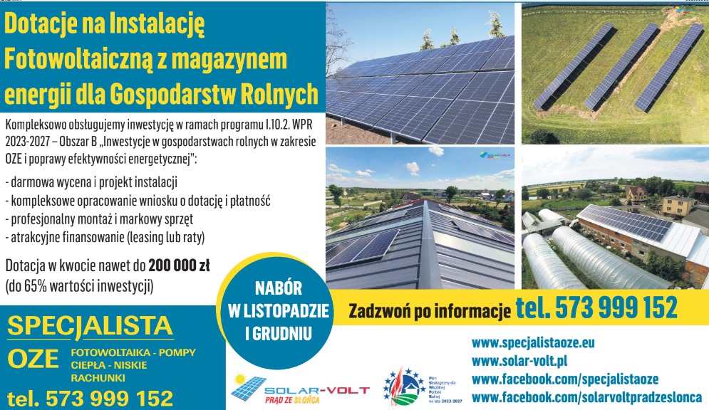 Kompozycja zdjęć instalacji paneli słonecznych: panele na gruncie na tle pola, panele na dachu budynku gospodarczego i zbliżenie fragmentu instalacji, całość w formie reklamy dotacji na instalacje...