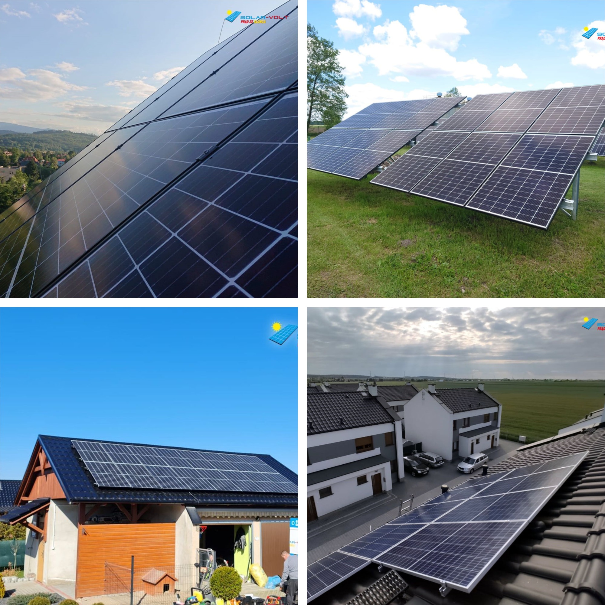 Cztery ujęcia instalacji paneli słonecznych: na dachu domu z widokiem na góry, na trawie pod błękitnym niebem, na dachu garażu z pracującym mężczyzną, na dachu nowego domu z samochodami na podjeździe.