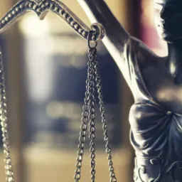 Statua Temidy z zasłoniętymi oczami, trzymająca wagę sprawiedliwości, w ciepłym oświetleniu i z rozmytym tłem.