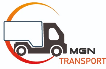 Grafika przedstawia schematyczny rysunek samochodu dostawczego z napisem 'MGN TRANSPORT', całość umieszczona w pomarańczowym okręgu, sugerująca dynamiczny ruch.