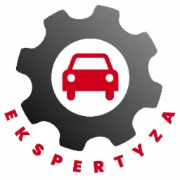 Logo firmy z czerwonym samochodem w białym okręgu, umieszczonym na tle szarego koła zębatego. Pod spodem, po łuku, napis 'EKSPERTYZA' czerwonymi literami.