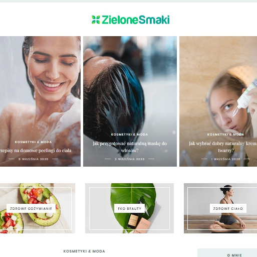Strona internetowa ZieloneSmaki.pl z miniaturami artykułów o kosmetykach, modzie, zdrowym odżywianiu i ćwiczeniach, prezentująca peeling do ciała, maskę do włosów, krem do twarzy i produkty Eko...