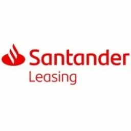 Czerwono-białe logo Santander Leasing na białym tle.
