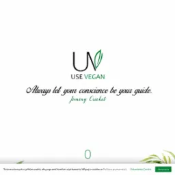Strona internetowa usevegan.com z logo UV z zielonym listkiem, hasłem 'Always let your conscience be your guide' i motywem akwarelowych liści.