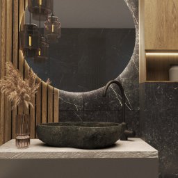 Projekt łazienki 3D w marmurze i drewnie