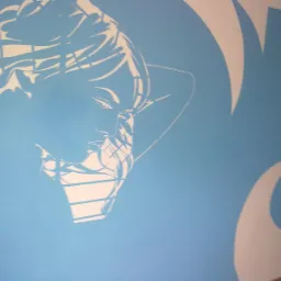 Niebieska ściana z białą, stylizowaną grafiką przedstawiającą profil kobiety z rękami założonymi za głową, z elementami dekoracyjnymi w tle.