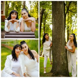 Marta Witek Fotografia - Kolaż zdjęć dwóch kobiet w białych stylizacjach w plenerze: siedzące na ławce, leżące na trawie i stojące za drzewem.