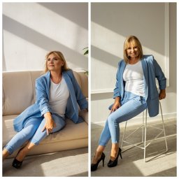 Marta Witek Fotografia - Kobieta w błękitnym garniturze, pozująca w studio na beżowej sofie i na białym krześle barowym, z promieniami słonecznymi na ścianie.