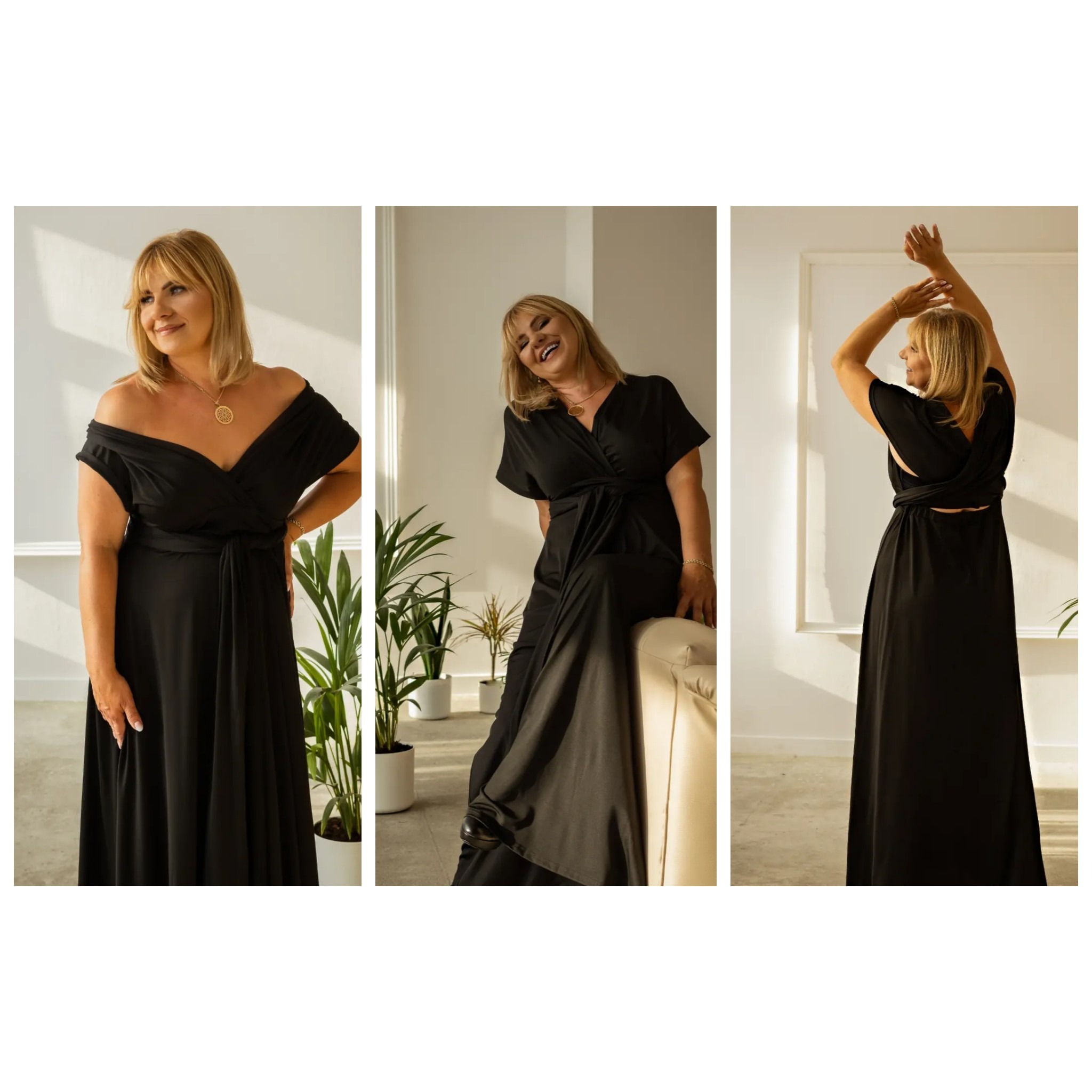 Kolaż z trzech ujęć kobiety w długiej, czarnej sukience: z odkrytymi ramionami, siedzącej na kremowej sofie i z odkrytymi plecami, na jasnym tle z roślinami doniczkowymi.