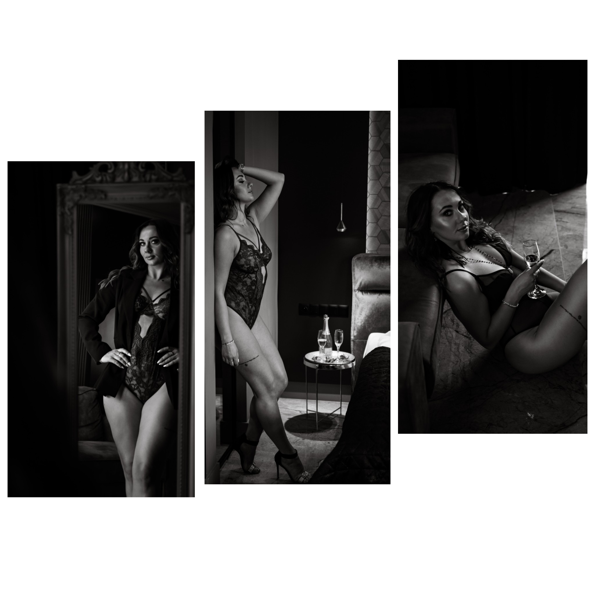 Czarno-białe kolażowe ujęcie kobiety w bieliźnie, pozującej w pokoju hotelowym z lustrem, stolikiem z szampanem i marmurową podłogą.
