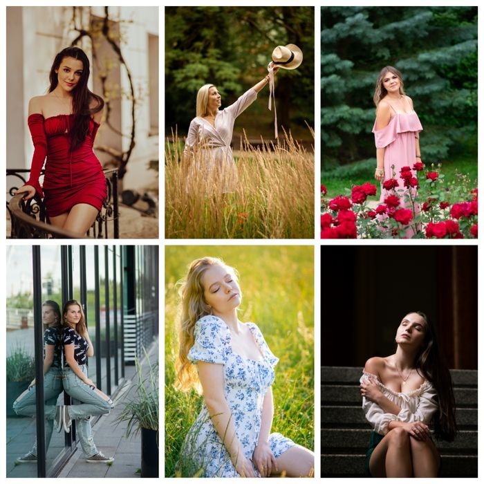 Kolaż sześciu portretowych ujęć kobiet w różnych sceneriach: od eleganckiej sukienki na balkonie, przez pole ze słomkowym kapeluszem, różowy strój w ogrodzie różanym, odbicie w szklanej fasadzie...