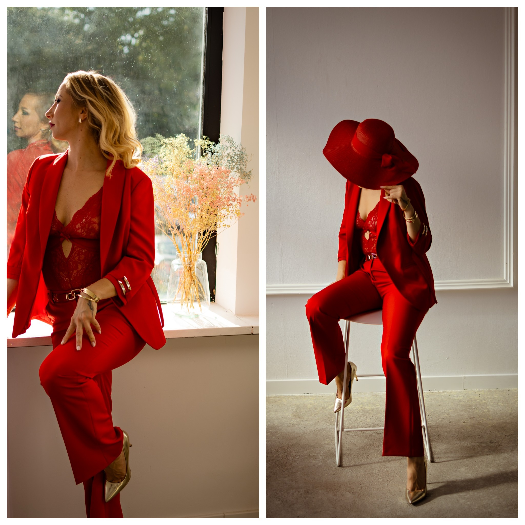 Dwie stylizacje kobiety w czerwonym garniturze i złotej bieliźnie: przy oknie z bukietem suszonych kwiatów i siedząca na krześle z dużym czerwonym kapeluszem.