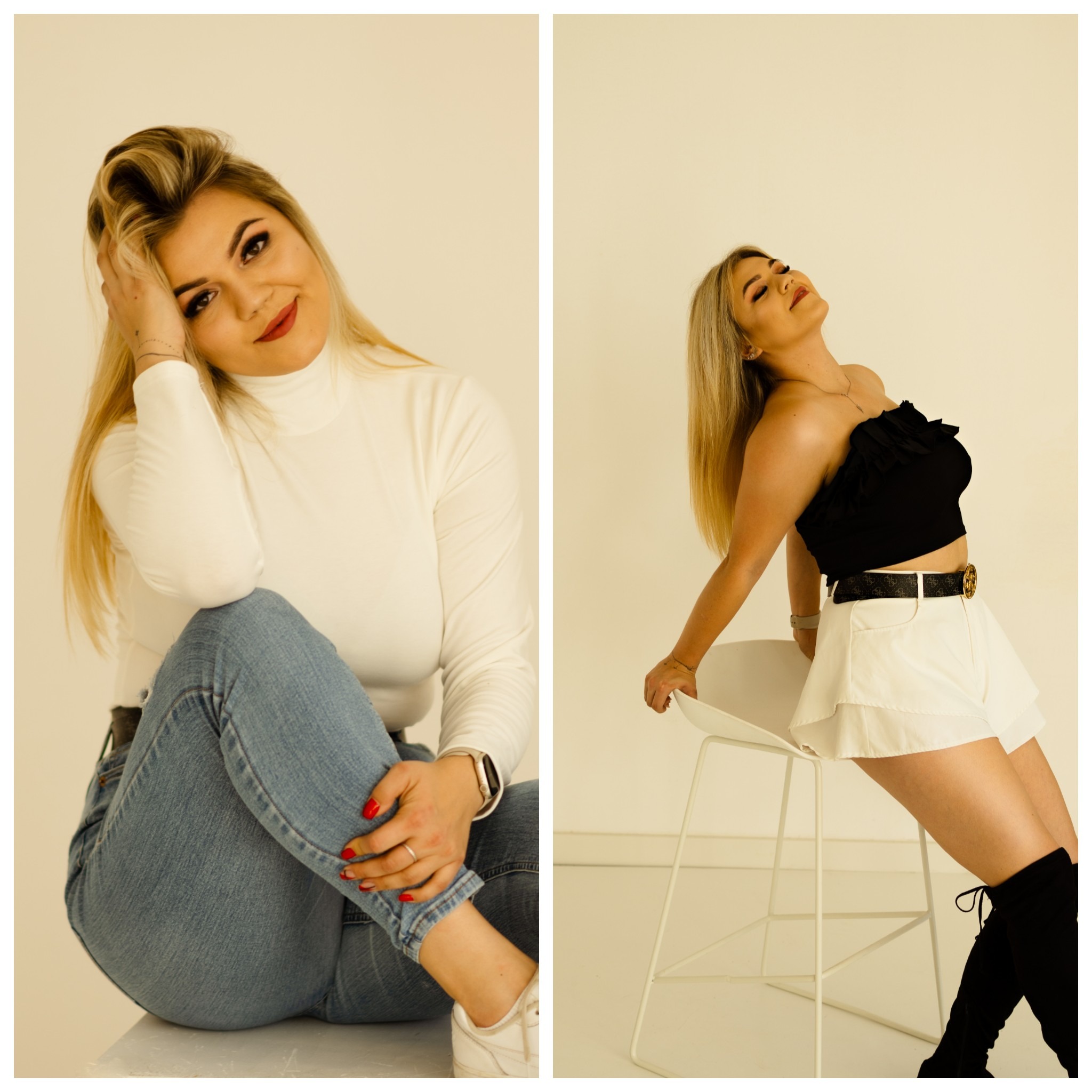 Dwie stylizacje tej samej kobiety na jasnym tle: po lewej w białym golfie i jeansach, siedzi na podłodze; po prawej w czarnym topie i białych szortach, opiera się o białe krzesło.