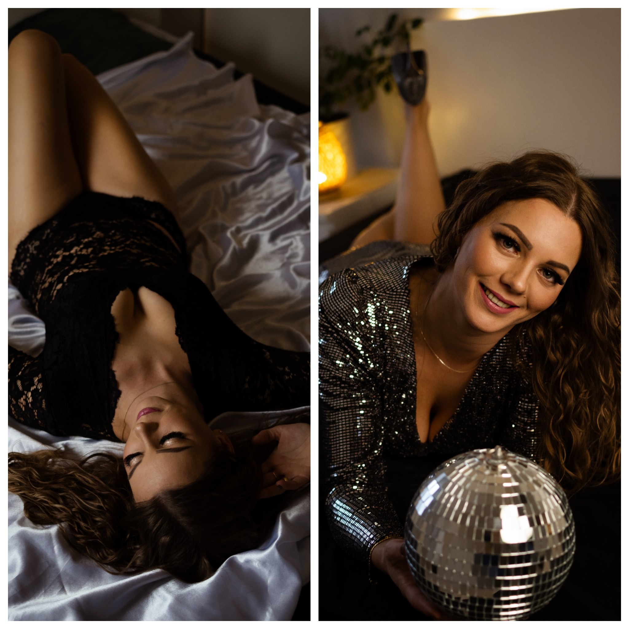 Dwie kobiety na kolażu: jedna w czarnej koronkowej bieliźnie leży na satynowej pościeli, druga w cekinowej sukience trzyma dyskotekową kulę i uśmiecha się.
