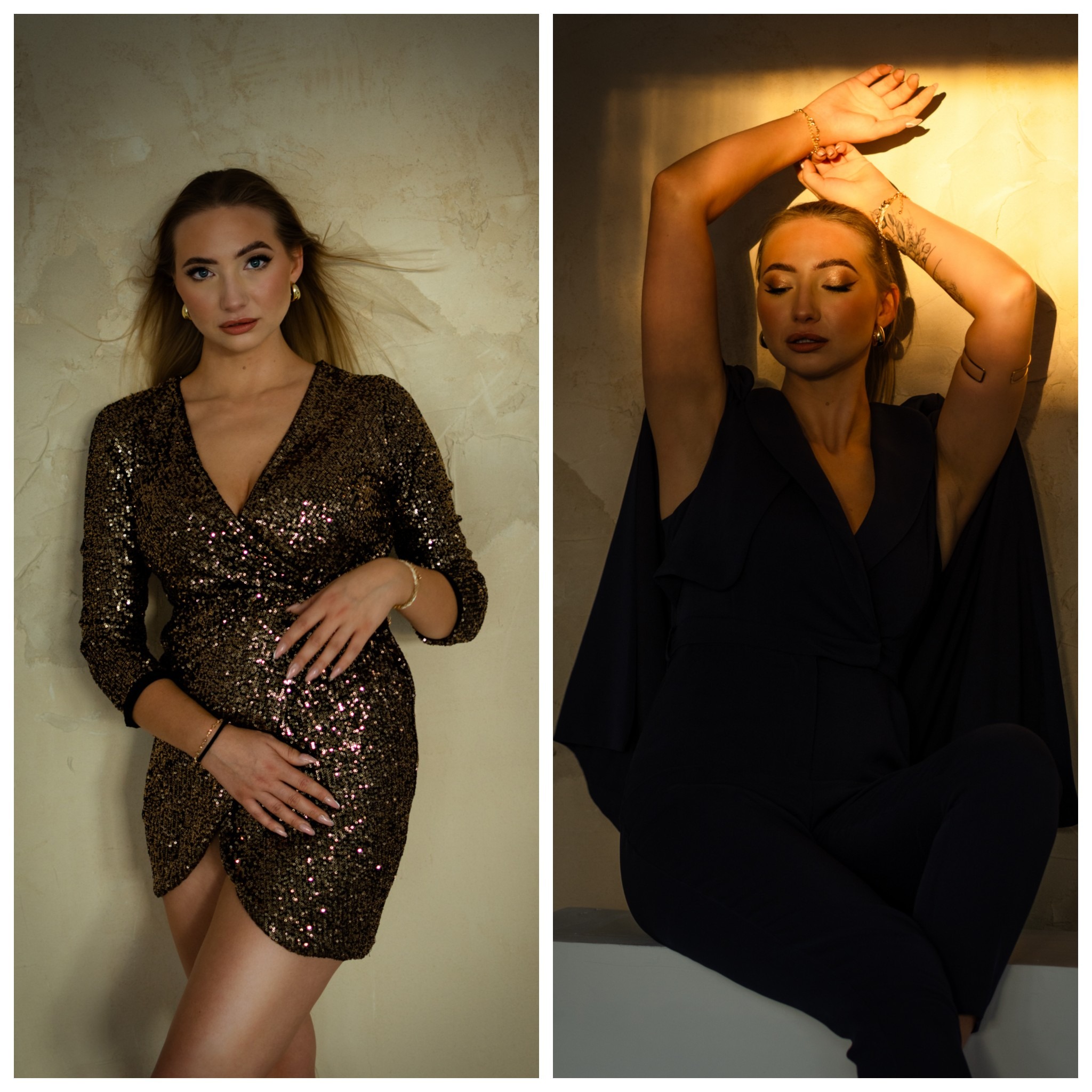 Dwie portretowe kompozycje: po lewej kobieta w cekinowej sukience oparta o ścianę, z rozpuszczonymi włosami; po prawej kobieta w ciemnym kombinezonie z rękami uniesionymi do góry w złocistym...