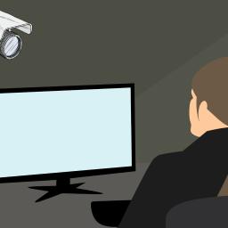 Gemini-Tech - Stylizowana ilustracja przedstawia osobę siedzącą przed monitorem, na ścianie widoczna kamera przemysłowa.