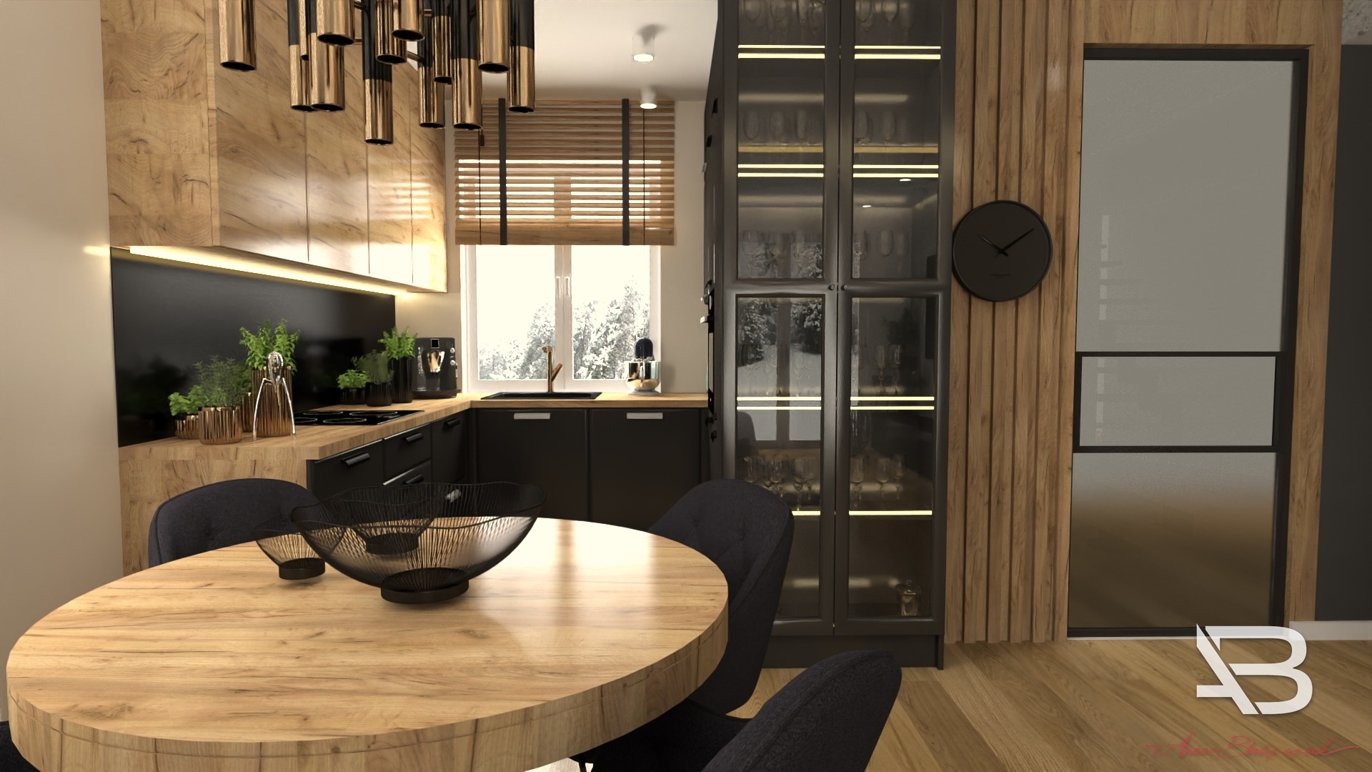 Wizualizacja jadalni z okrągłym stołem z drewnianym blatem, czarnymi krzesłami i dekoracyjnymi misami. W tle czarna zabudowa kuchenna z drewnianymi elementami, witryna z podświetleniem i zegar...