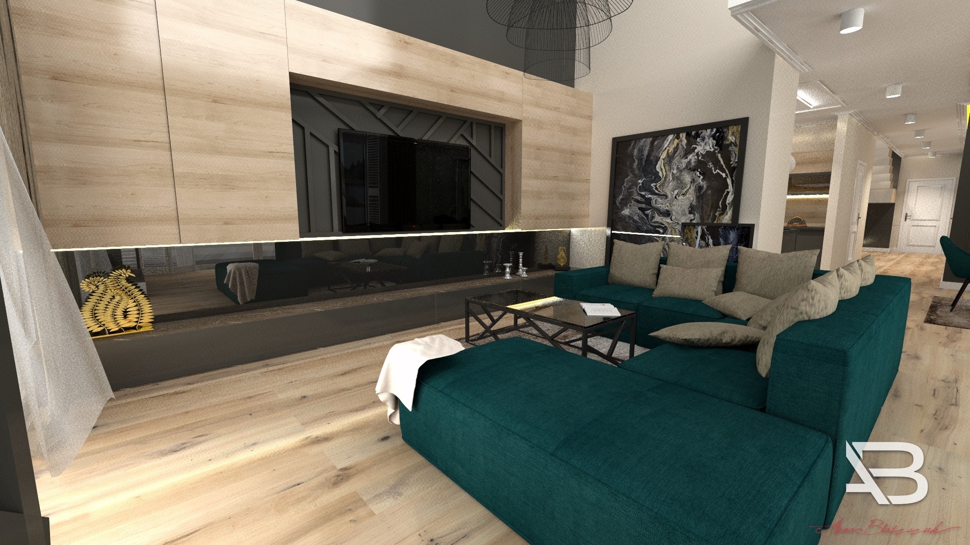 projekt wnętrza salonu w domu z antresolą