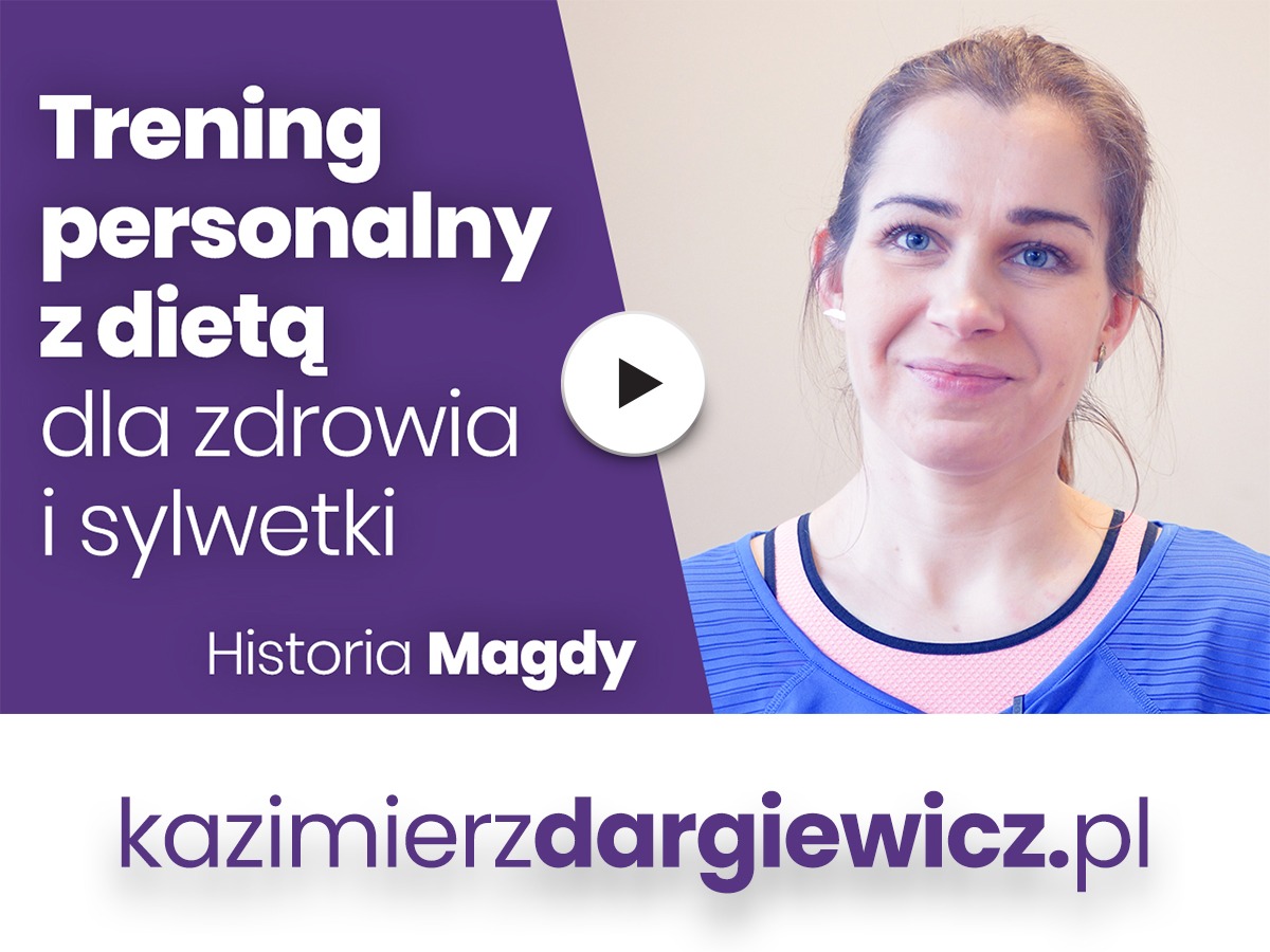 Portret uśmiechniętej kobiety w sportowym stroju na tle jasnej ściany, obok grafika z tekstem 'Trening personalny z dietą dla zdrowia i sylwetki' oraz adres strony internetowej.