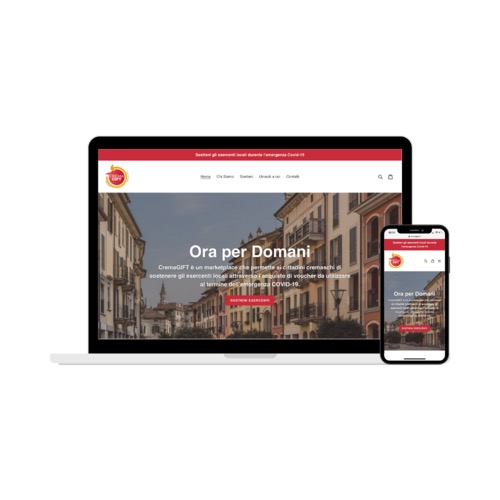 Responsywna strona internetowa 'Ora per Domani' na laptopie i smartfonie, prezentująca architekturę miejską. Firma działa w Ancona.