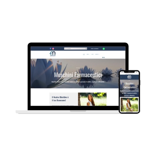 Prezentacja responsywnej strony internetowej Moschini Farmaceutici na laptopie i smartfonie, z motywem kwiatu lotosu i hasłem 'Il Nostro Obiettivo è il tuo Benessere!'