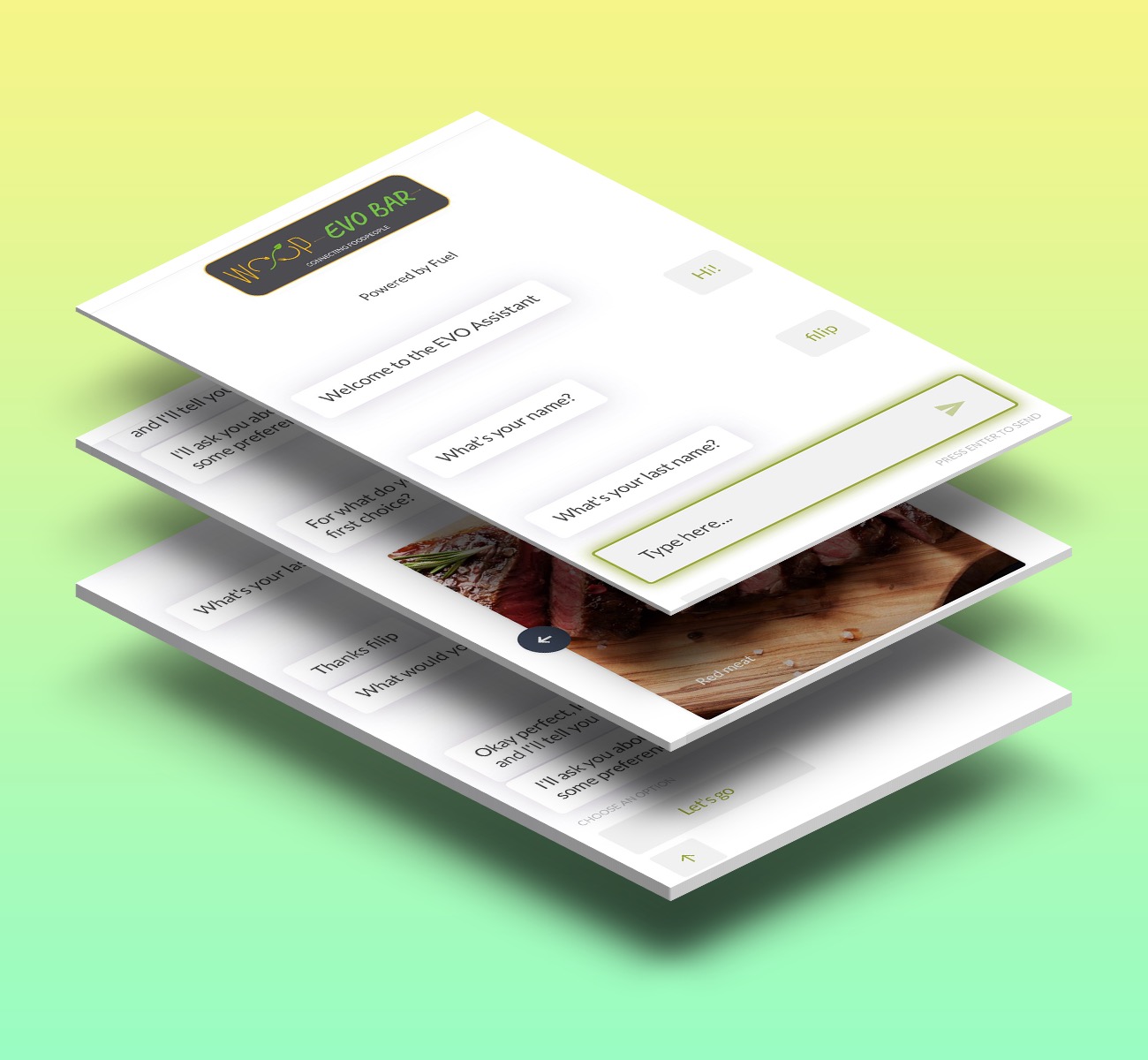 Ekran aplikacji mobilnej Wood Evo Bar prezentujący interaktywny interfejs użytkownika z pytaniami o imię i preferencje kulinarne, z elementami graficznymi w postaci zdjęcia steku na desce.