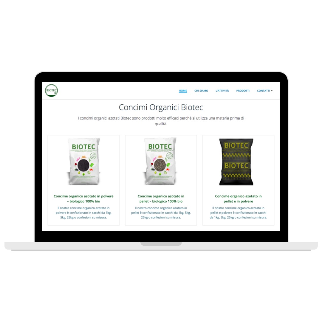 Laptop wyświetlający stronę internetową z ofertą organicznych nawozów Biotec w różnych formach: proszku i pelletu, prezentowanych w workach na białym tle.